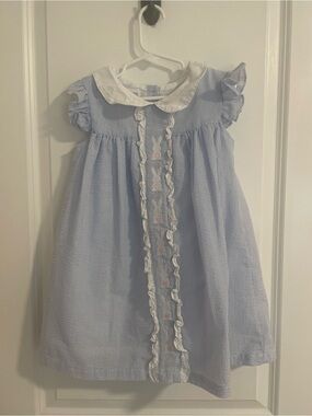 Light Blue Striped Ruffle-Front Girls' Dress with White Peter Pan Collar